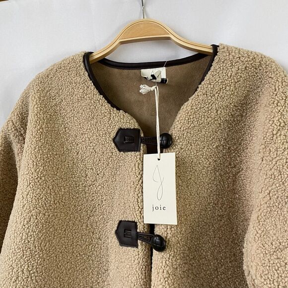 joie Sherpa Duffle Coat Jacket Women L Beige Shearling Faux Fur Boxy Barn Chore - Picture 3 of 12